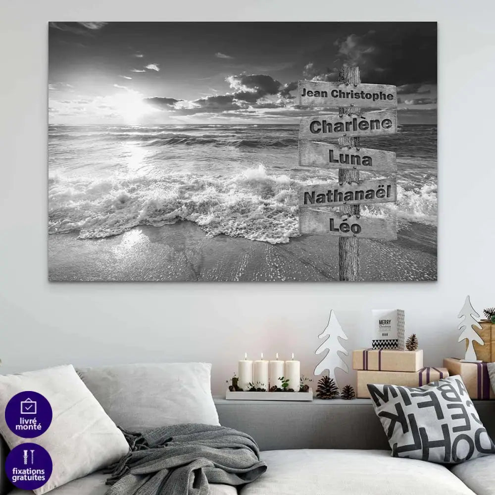 Tableau Prénoms Famille Plage Noir et Blanc - Montableaudeco