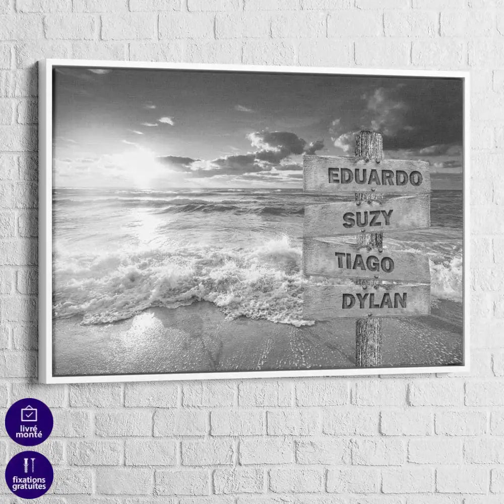 Tableau Prénoms Famille Plage Noir et Blanc - Montableaudeco