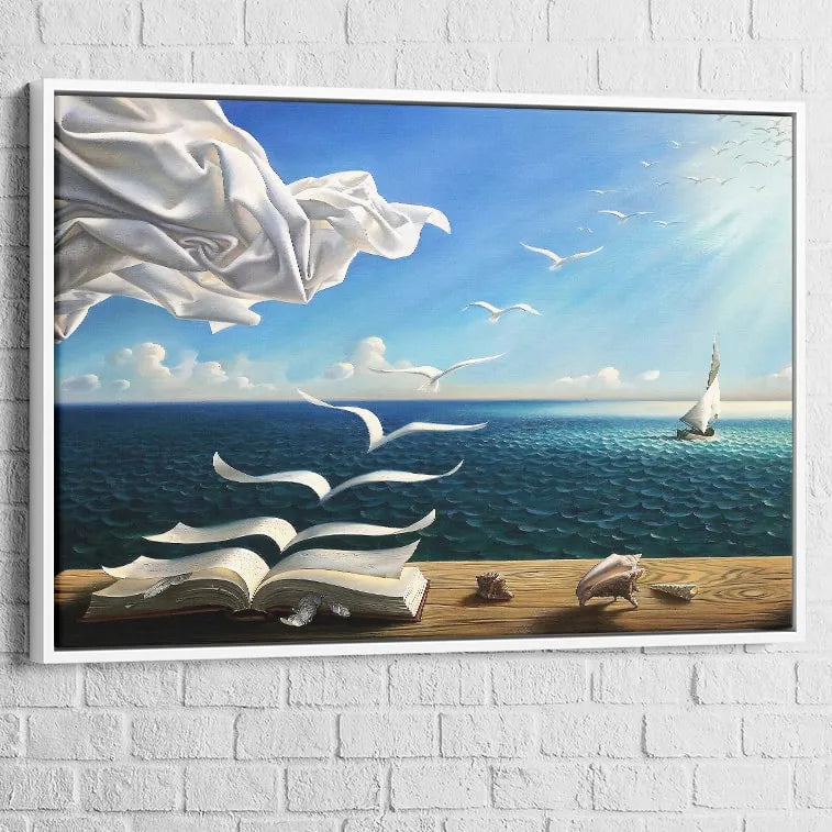 Salvador Dali Painting The Island of Birds 16 x 24 in  White Floating Frame Salvador Dali White Floating Frame