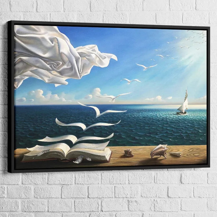 Salvador Dali Painting The Island of Birds 16 x 24 in  Black Floating Frame Salvador Dali Black Floating Frame