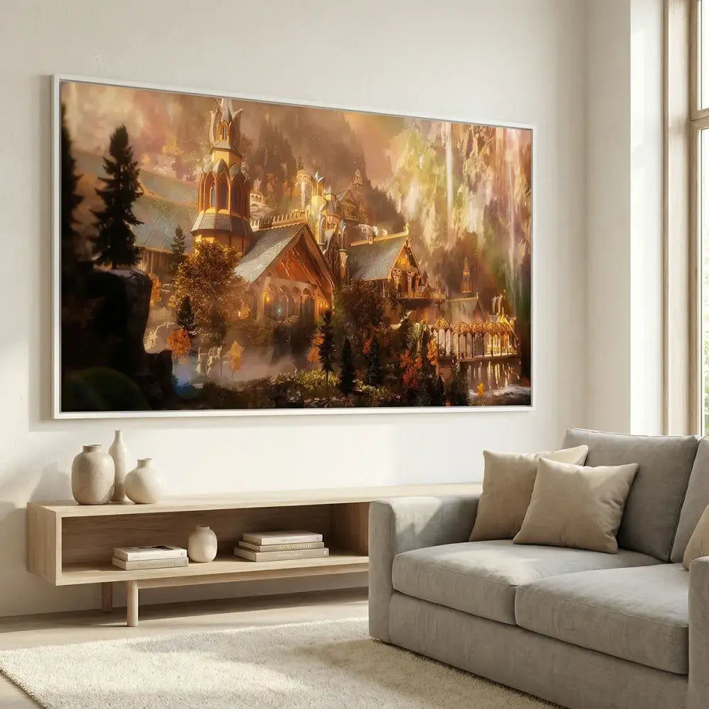 Fantasy landscape painting of a golden elven city, wall art for a modern living room