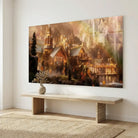 Medieval fantasy painting of a golden city and mountains, HD print