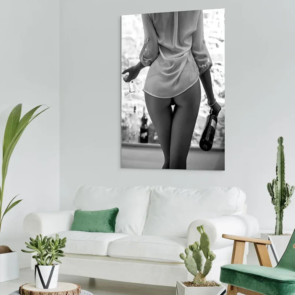 Toile tendue « Champagne & Tentations » – art mural sensuel noir & blanc