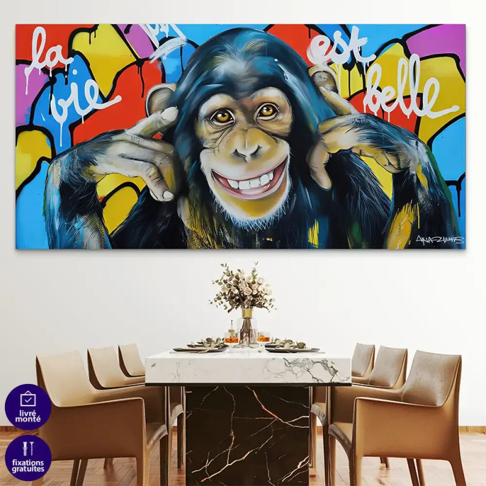 Décoration murale colorée singe heureux graffiti

