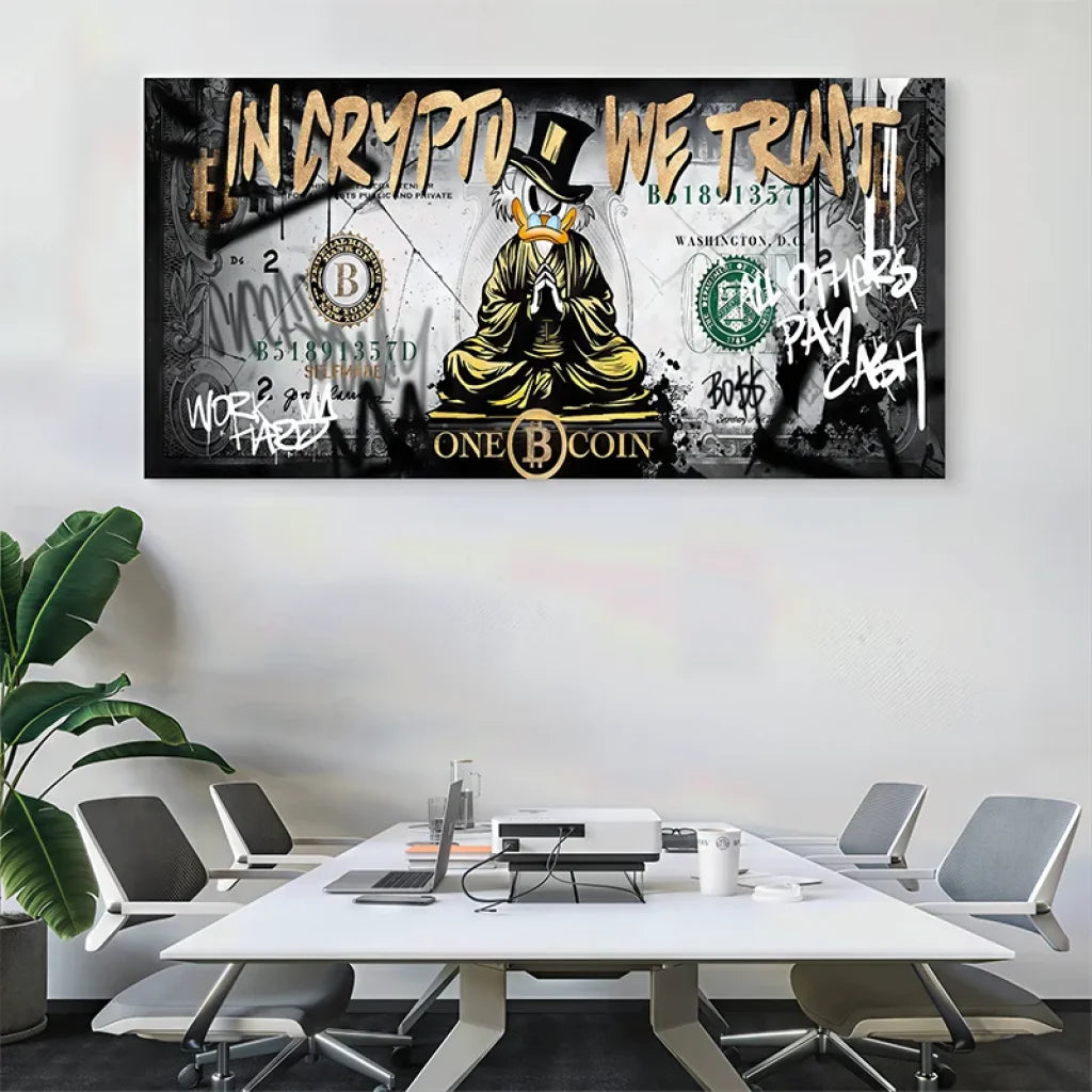 Décoration murale moderne Bitcoin et dollar en style street art doré et noir

