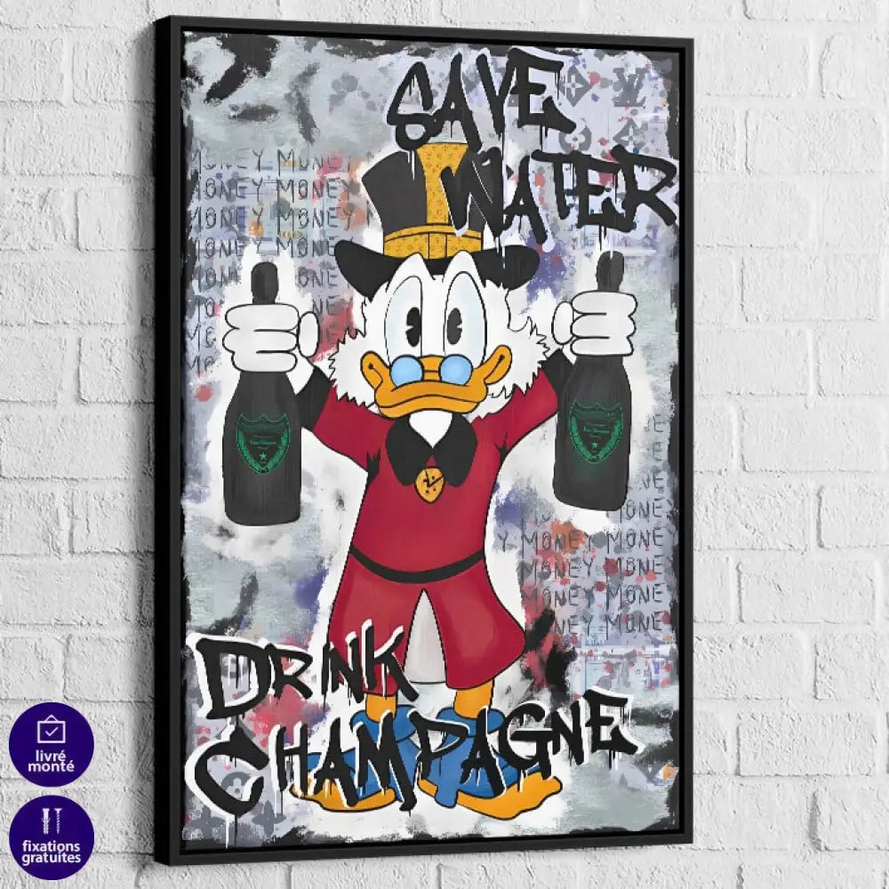 Tableau Street Art Canard et Champagne 40x60cm / Cadre Noir Tableau Street Art