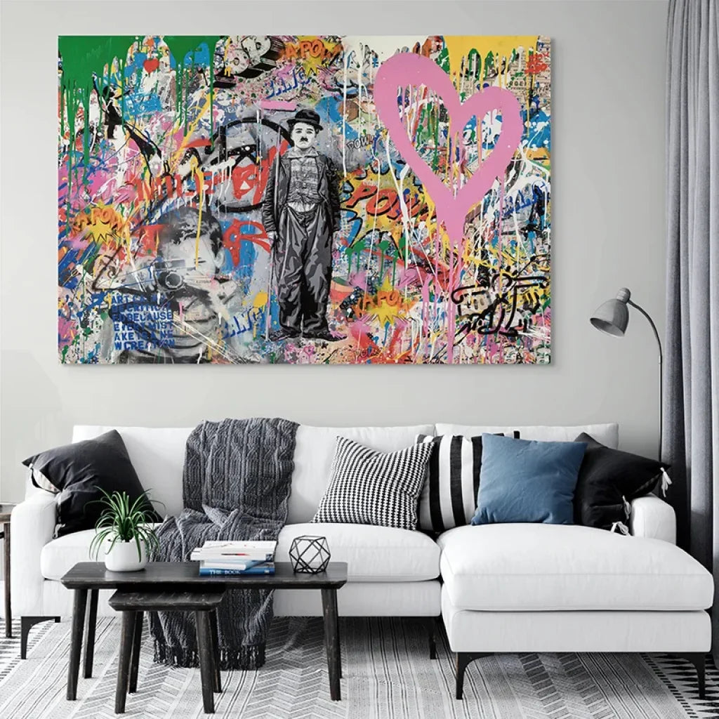 tableau street art Charlie Chaplin cœur rose