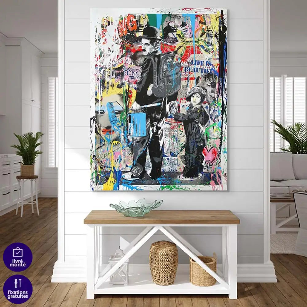 Tableau Street Art Charlie Chaplin Life is Beautiful 40x60cm / Affiche sans cadre Tableau Street Art