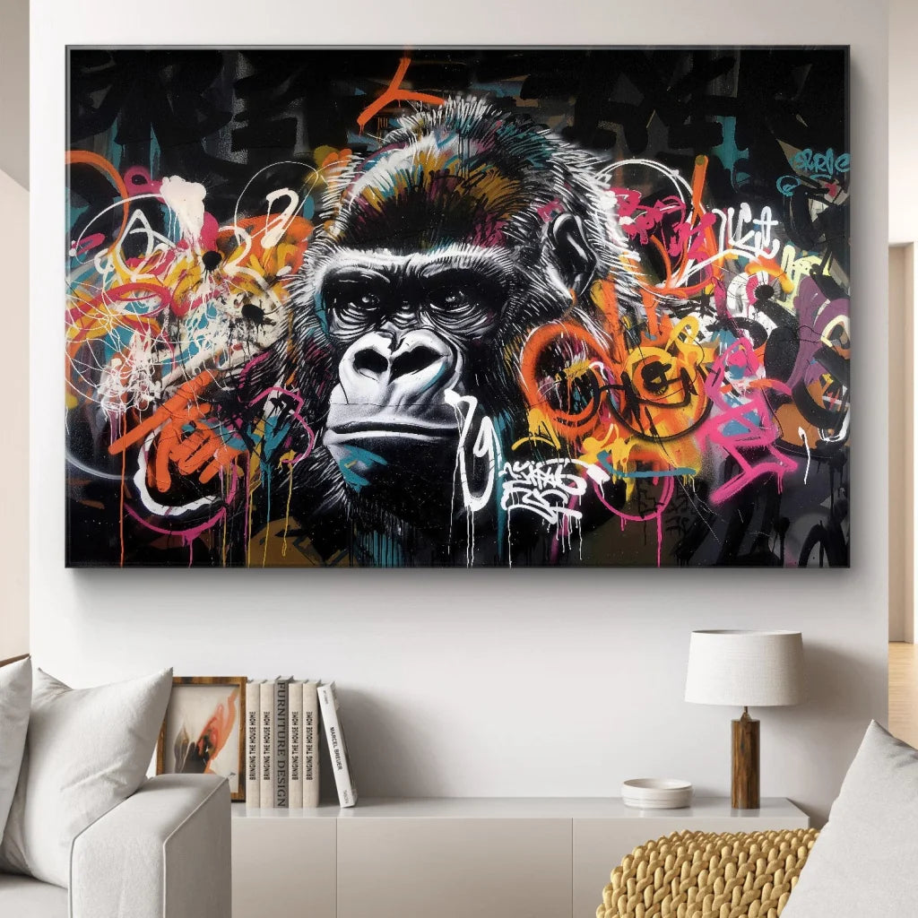 Tableau gorille street art "Rage Urbaine" sur fond de graff coloré

