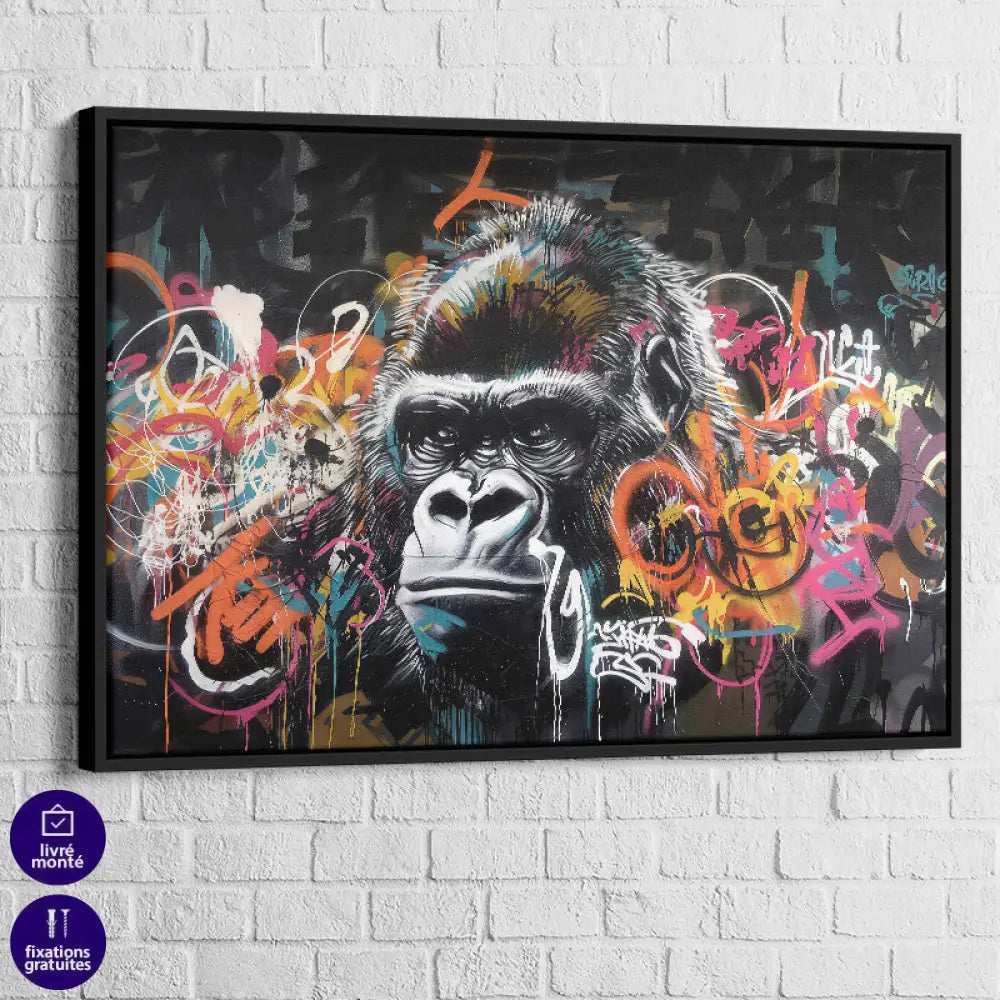 Portrait de gorille en noir et blanc dans un chaos de couleurs fluo

