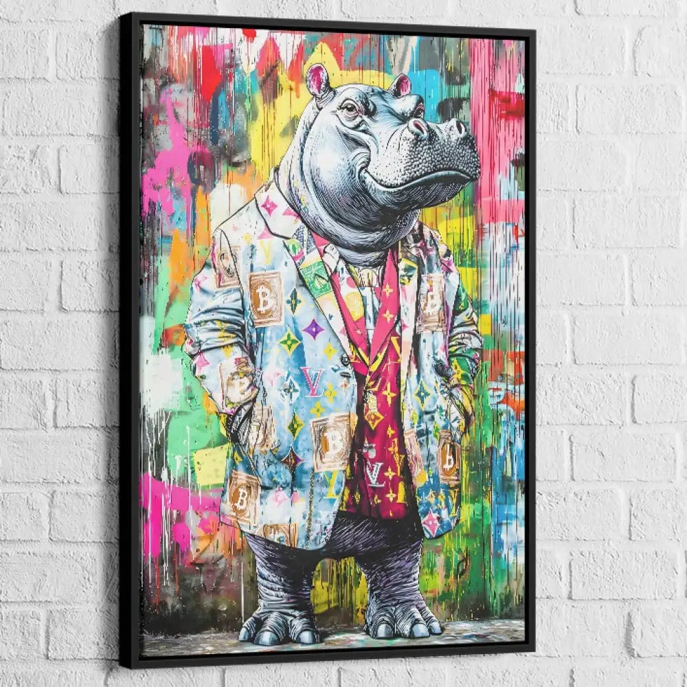 Tableau street art cadre noir – hippo gentleman multicolore