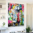 Tableau street art hippopotame en costume pop couleurs vives