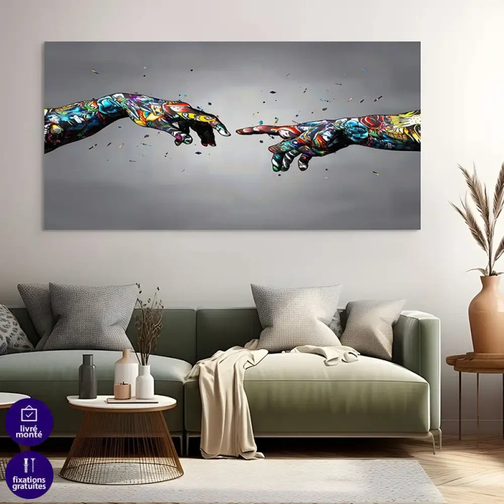 Tableau graffiti La Création d’Adam, fusion de l’art classique et urbain