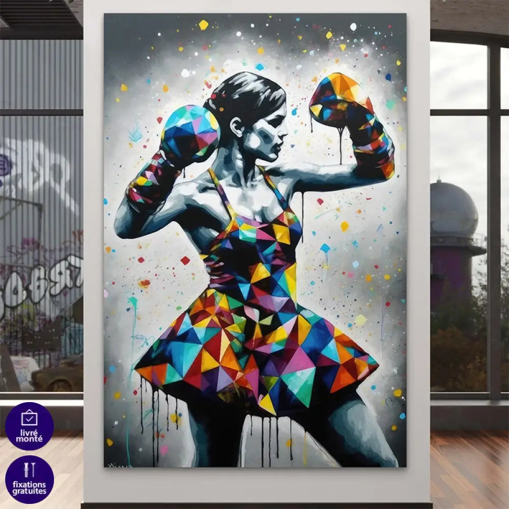 Tableau street art d’une danseuse en gants de boxe multicolores


