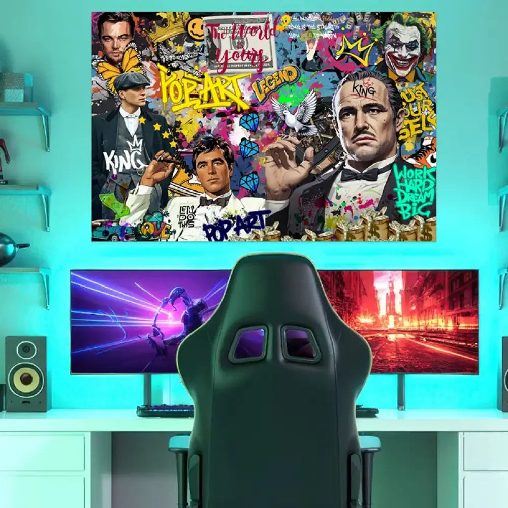 Décoration murale pop art avec couronnes et typographies, tableau moderne prêt à accrocher