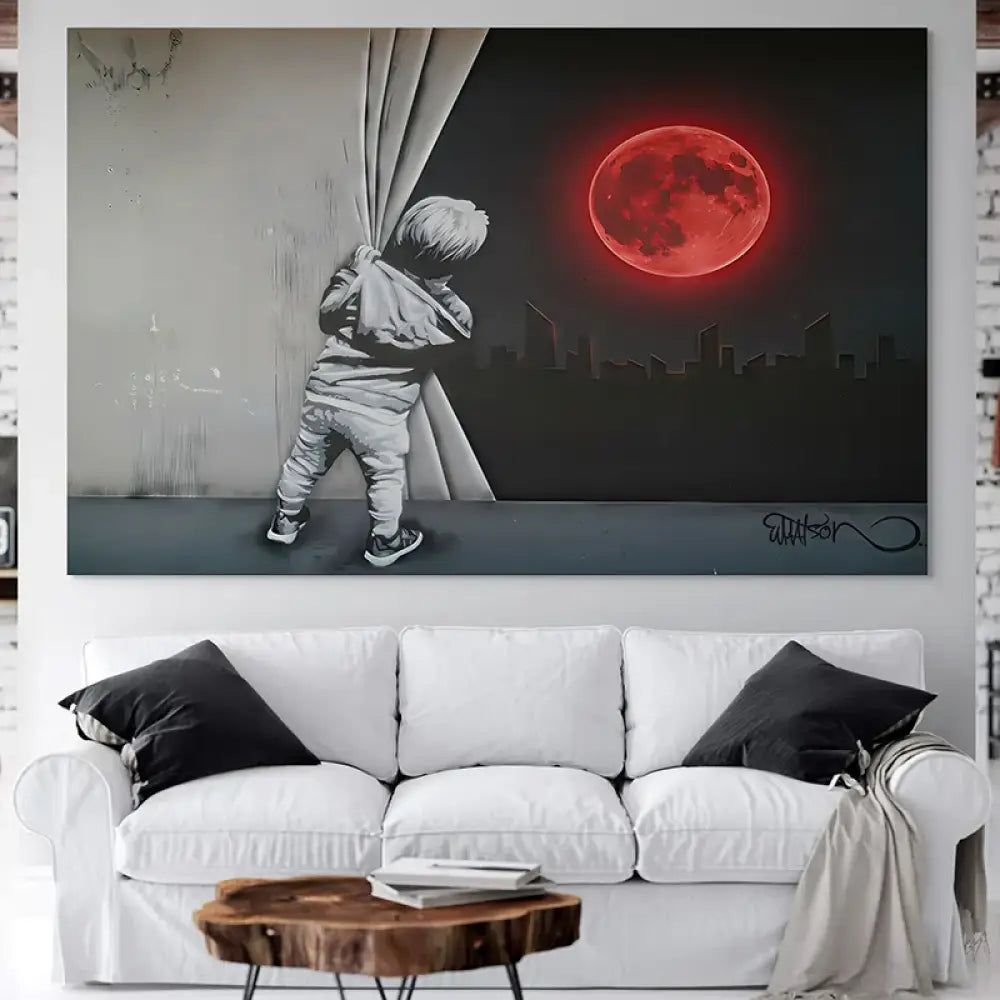 L’Enfant et la Lune Rouge – déco murale moderne noir & rouge