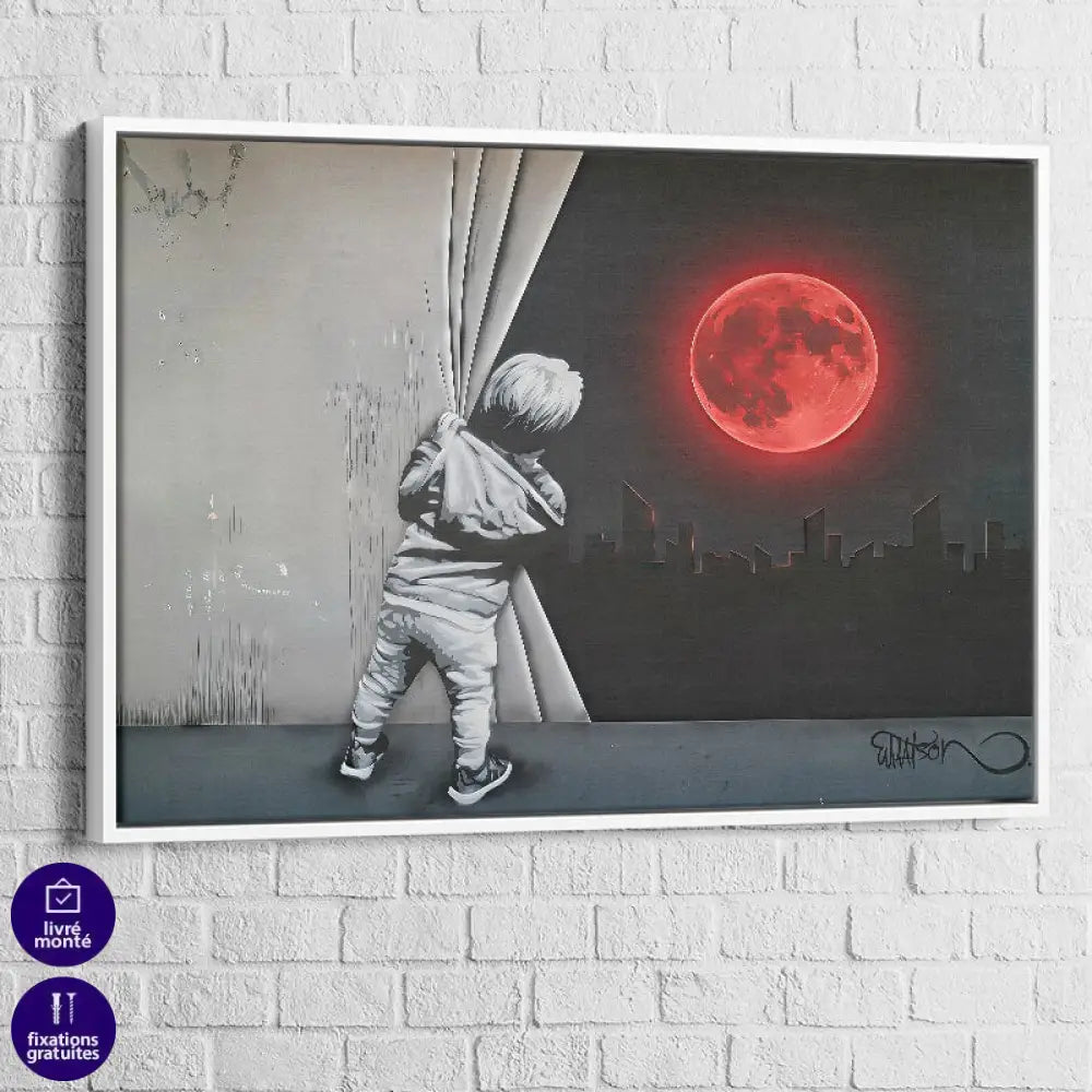 Tableau street art – L’Enfant et la Lune Rouge, cadre blanc