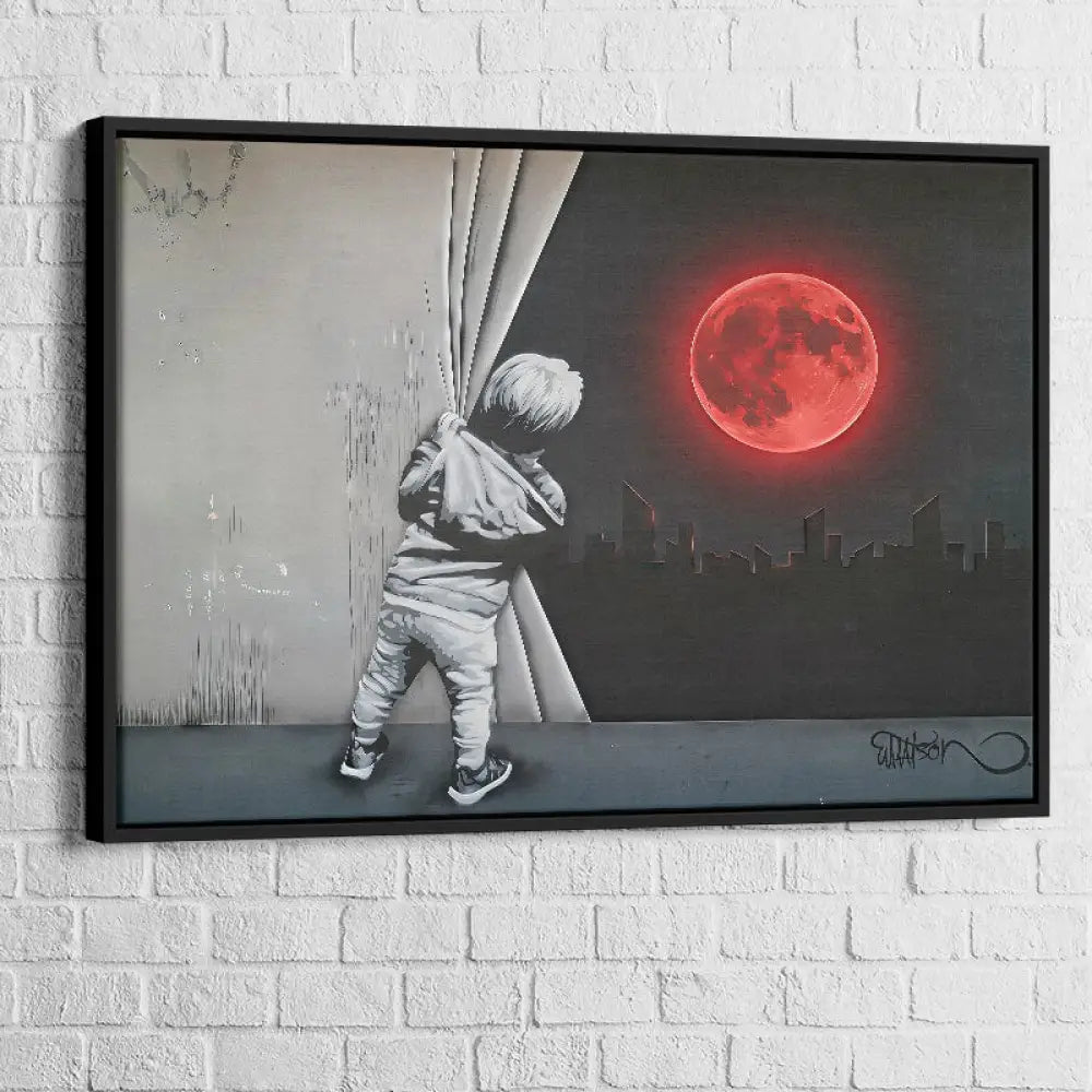Tableau street art – L’Enfant et la Lune Rouge, cadre noir