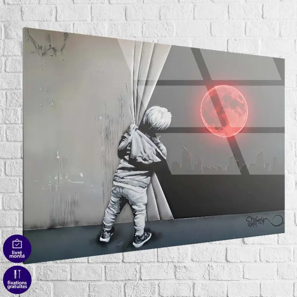 Tableau street art – L’Enfant et la Lune Rouge en plexiglas brillant