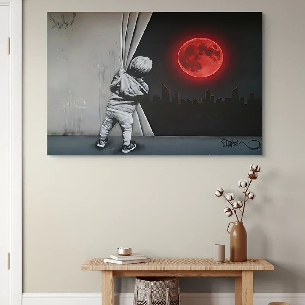 Tableau street art poétique – enfant curieux, ambiance urbaine