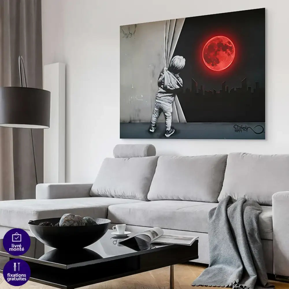 Tableau street art enfant et lune écarlate, skyline nocturne