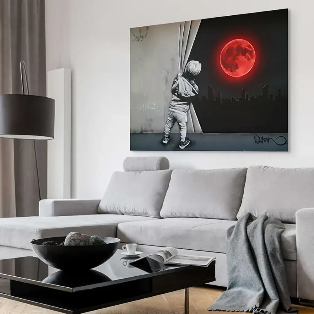 Tableau street art enfant et lune écarlate, skyline nocturne
