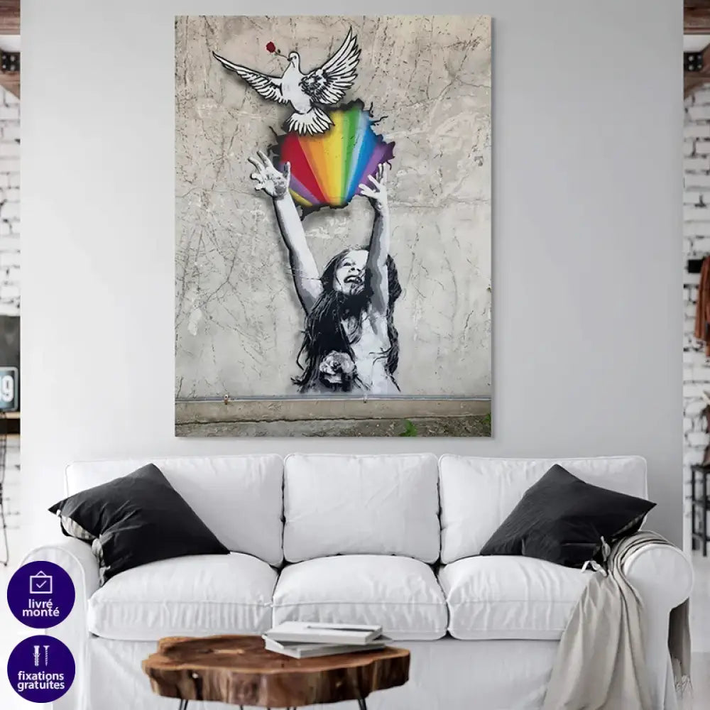 Tableau street art fillette bras levés, symbole de paix