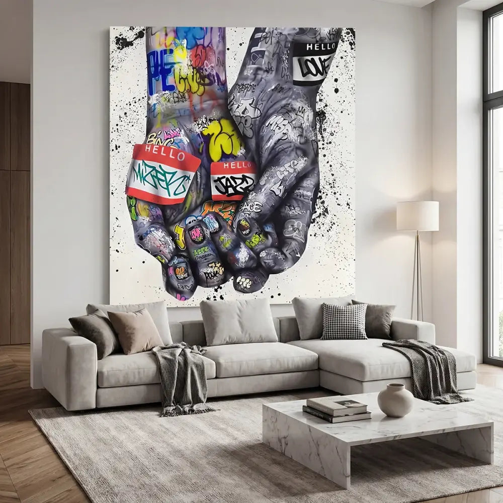 Tableau graffiti mains entrelacées style urbain contemporain