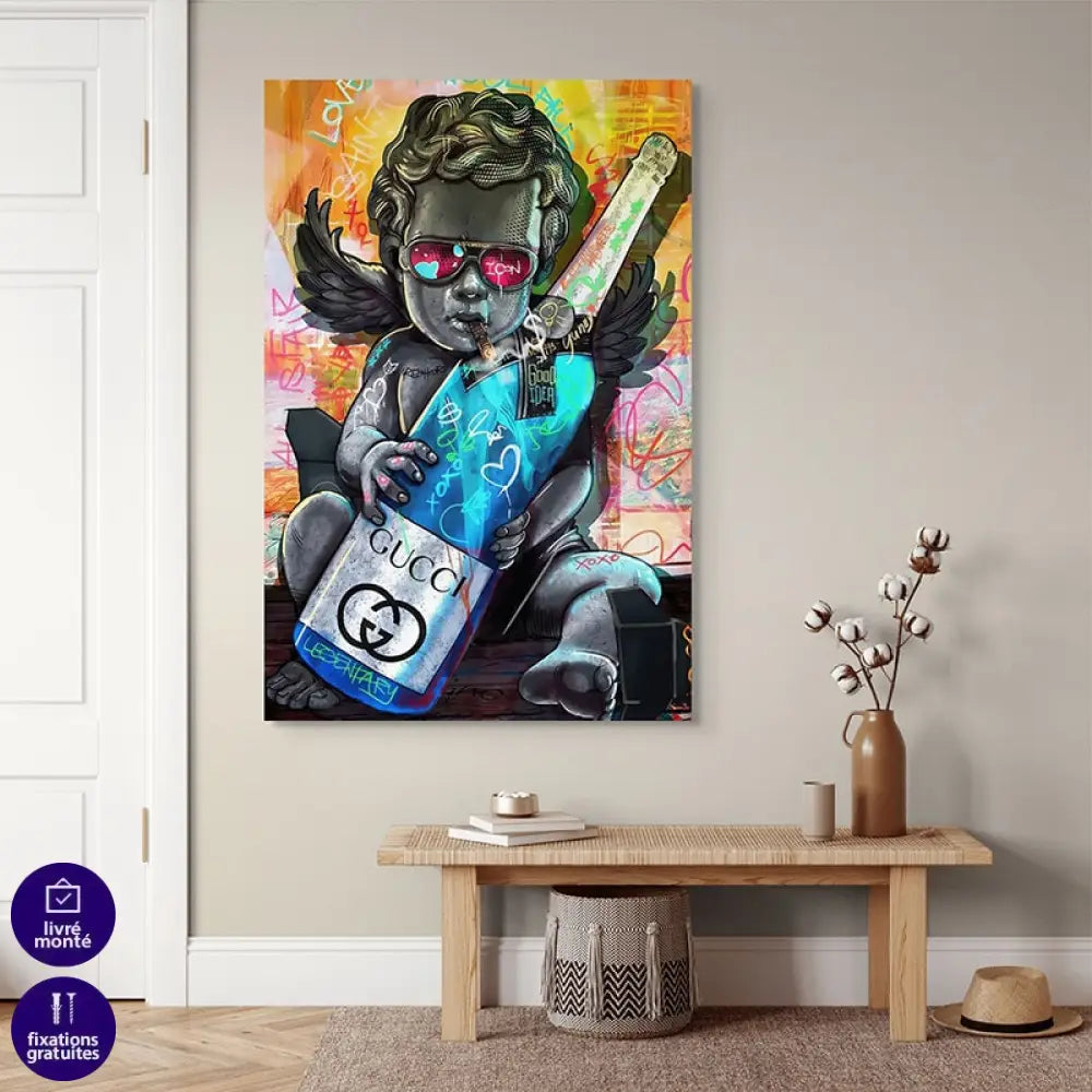 Œuvre pop art représentant un bébé ange rebelle en style luxe

