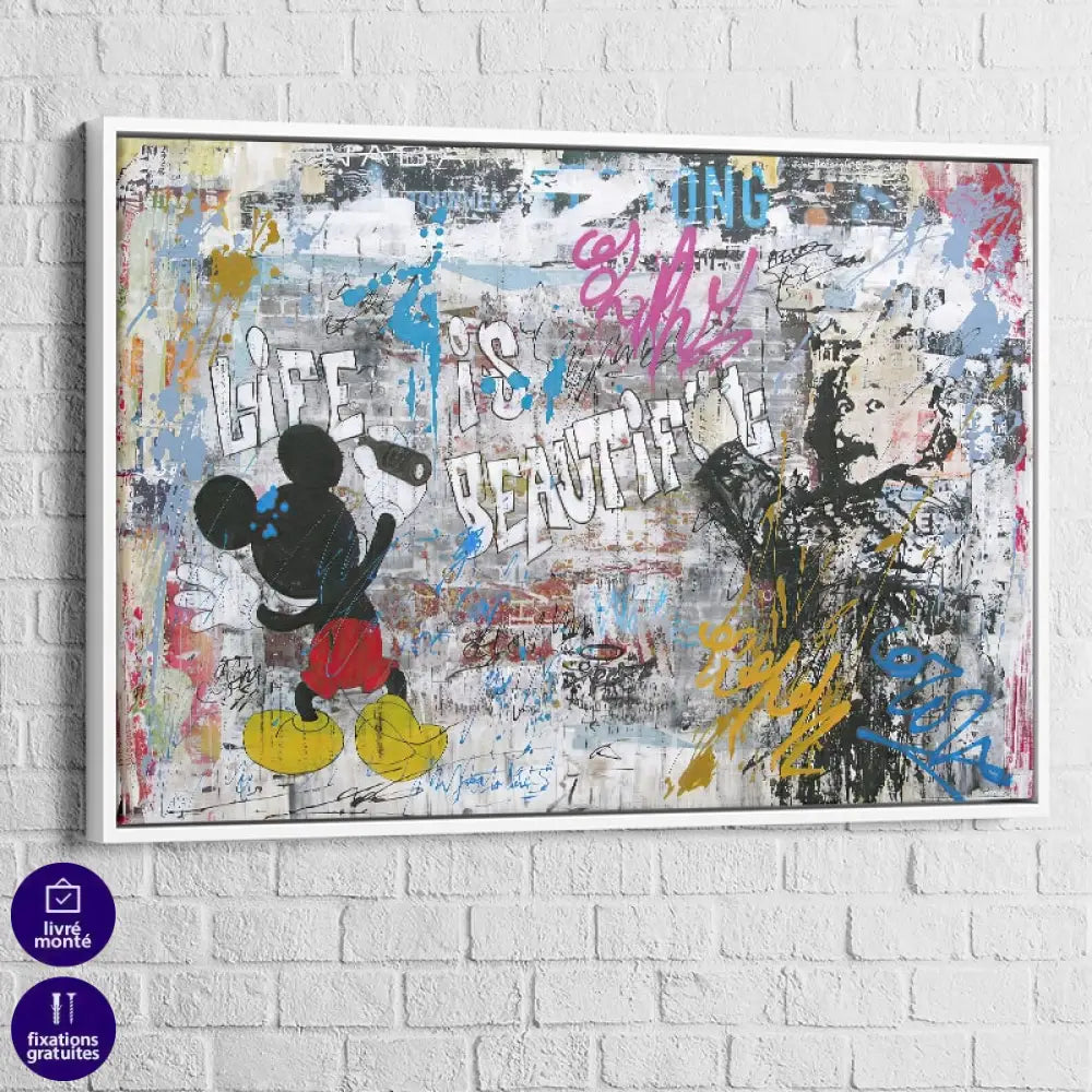 Tableau Street Art Mickey et le Graffiti 40x60cm / Cadre Blanc Tableau Street Art