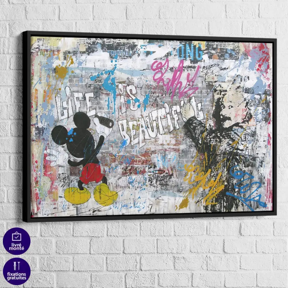 Tableau Street Art Mickey et le Graffiti 40x60cm / Cadre Noir Tableau Street Art