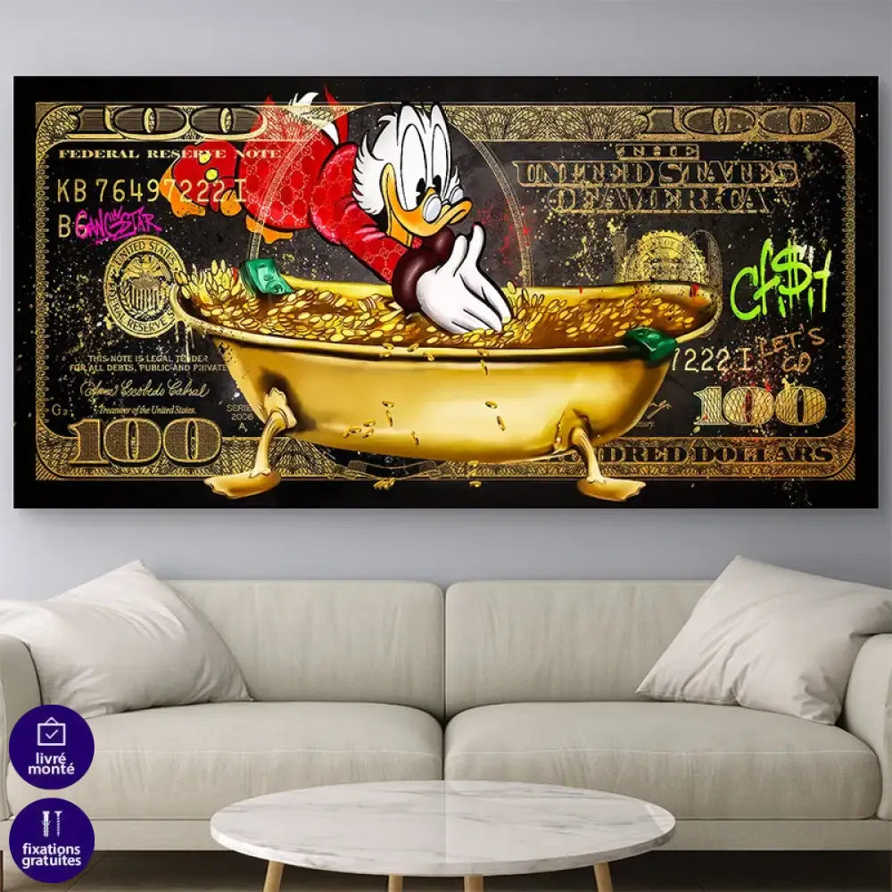 Picsou plongeant dans l’or sur toile moderne grand format

