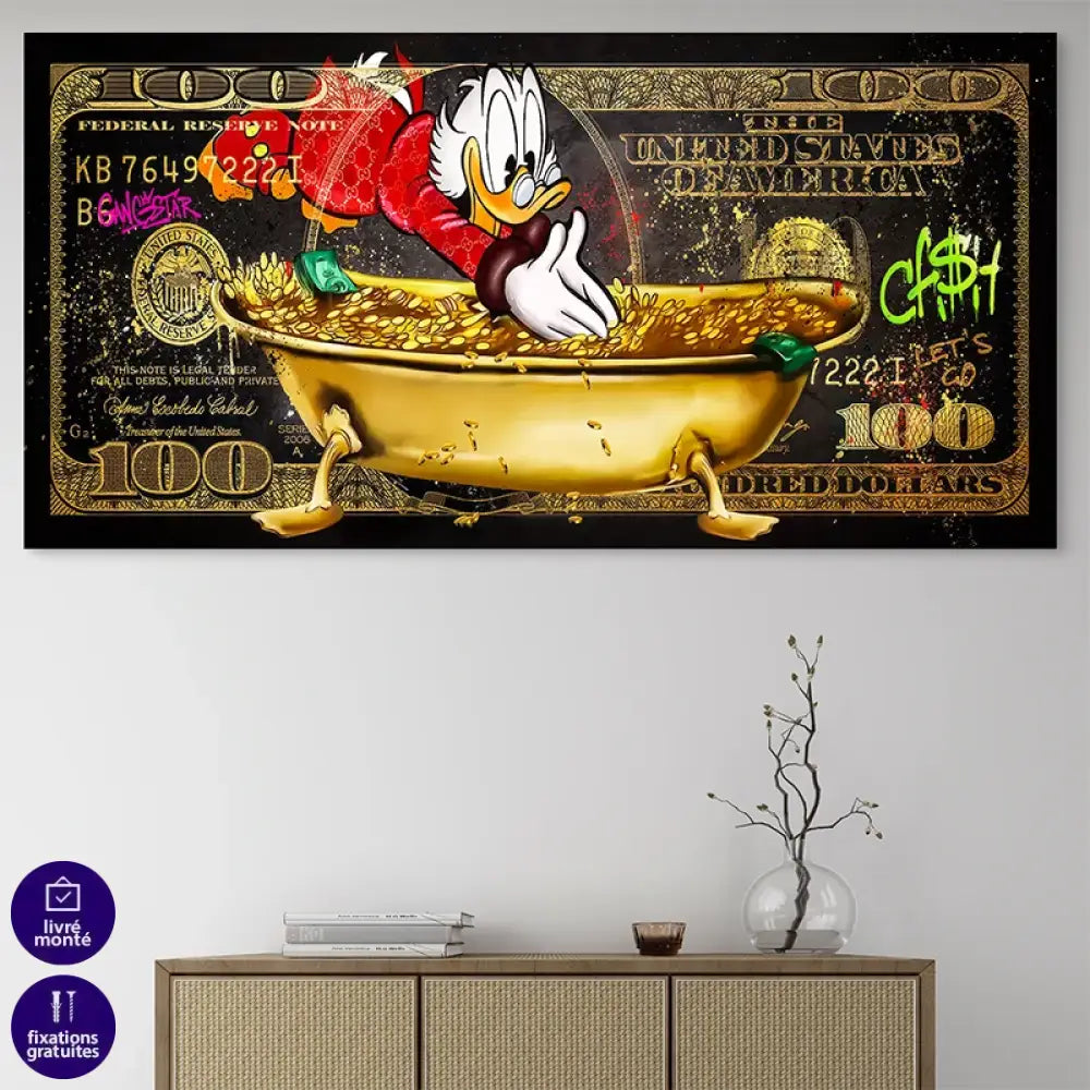 Toile pop art Picsou luxe et argent sur fond de 100 dollars graffiti

