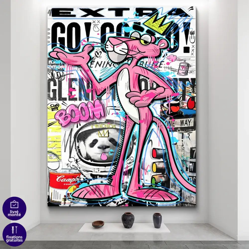 Illustration pop art urbaine avec panthère rose et couronne

