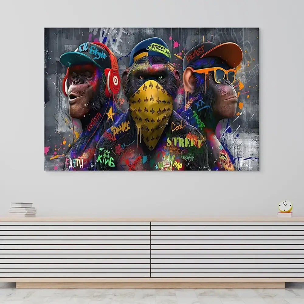 Décoration murale pop art, singes stylisés avec casquettes et bandana