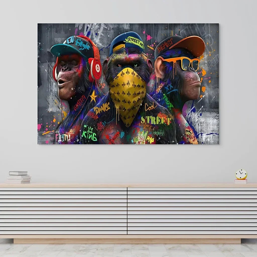 Décoration murale pop art, singes stylisés avec casquettes et bandana