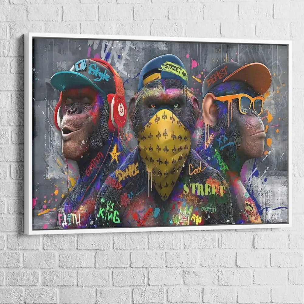 Tableau street art Singes Urbains, trio de primates graffiti 