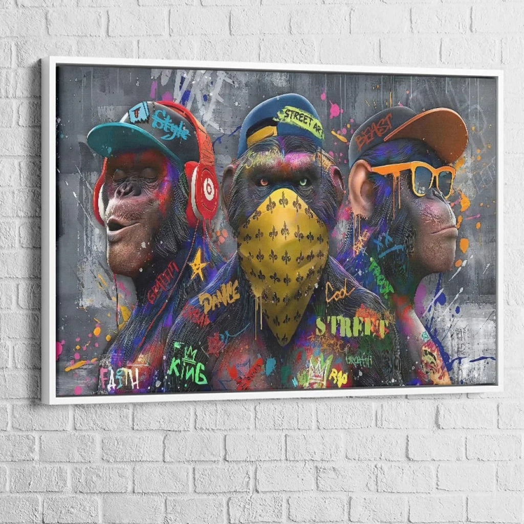 Tableau street art Singes Urbains, trio de primates graffiti 