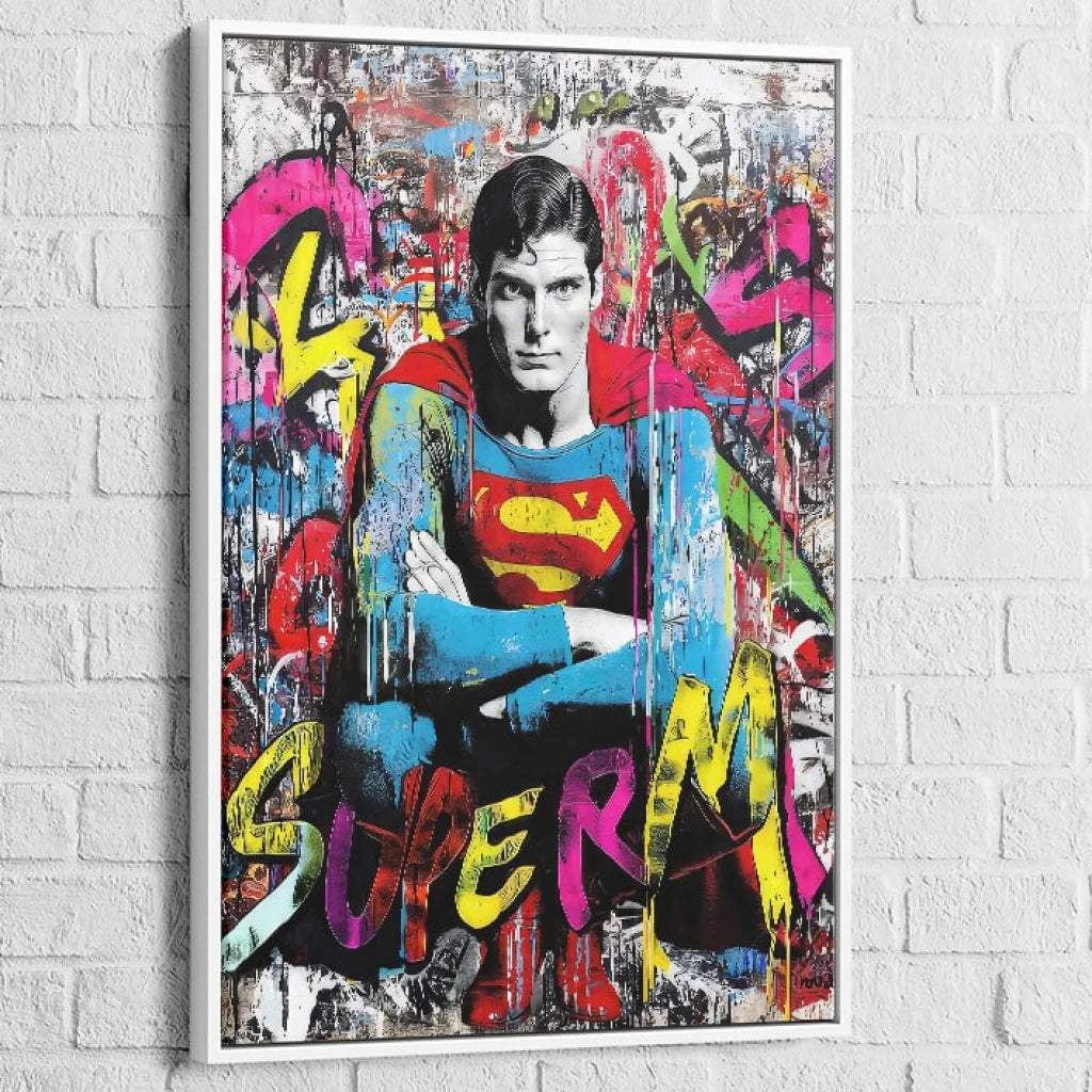 Superman street art painting with Black Floating Frame, urban contrast