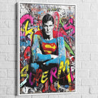 Superman street art painting with Black Floating Frame, urban contrast