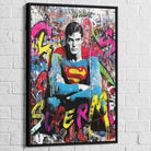 Superman street art painting with Black Floating Frame, urban contrast