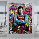 Modern Superman canvas, spray-painted letters and drips
