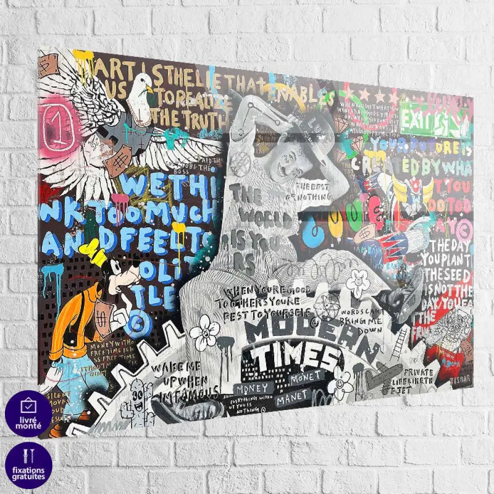 Affiche artistique saturée de symboles graphiques et références pop

