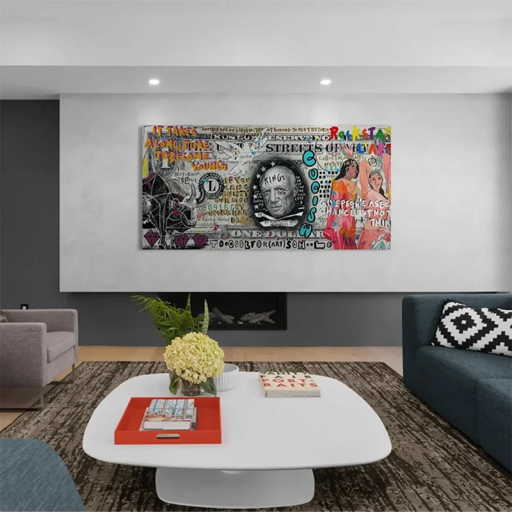 Tableau urbain Pablo Picasso avec messages engagés et style graffiti

