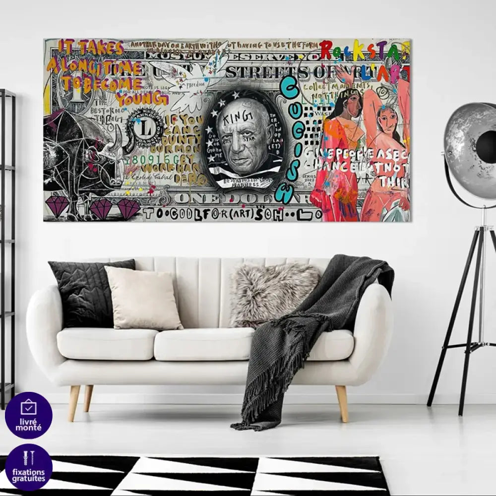Tableau street art Un Dollar Pour Picasso avec portrait et graffiti coloré

