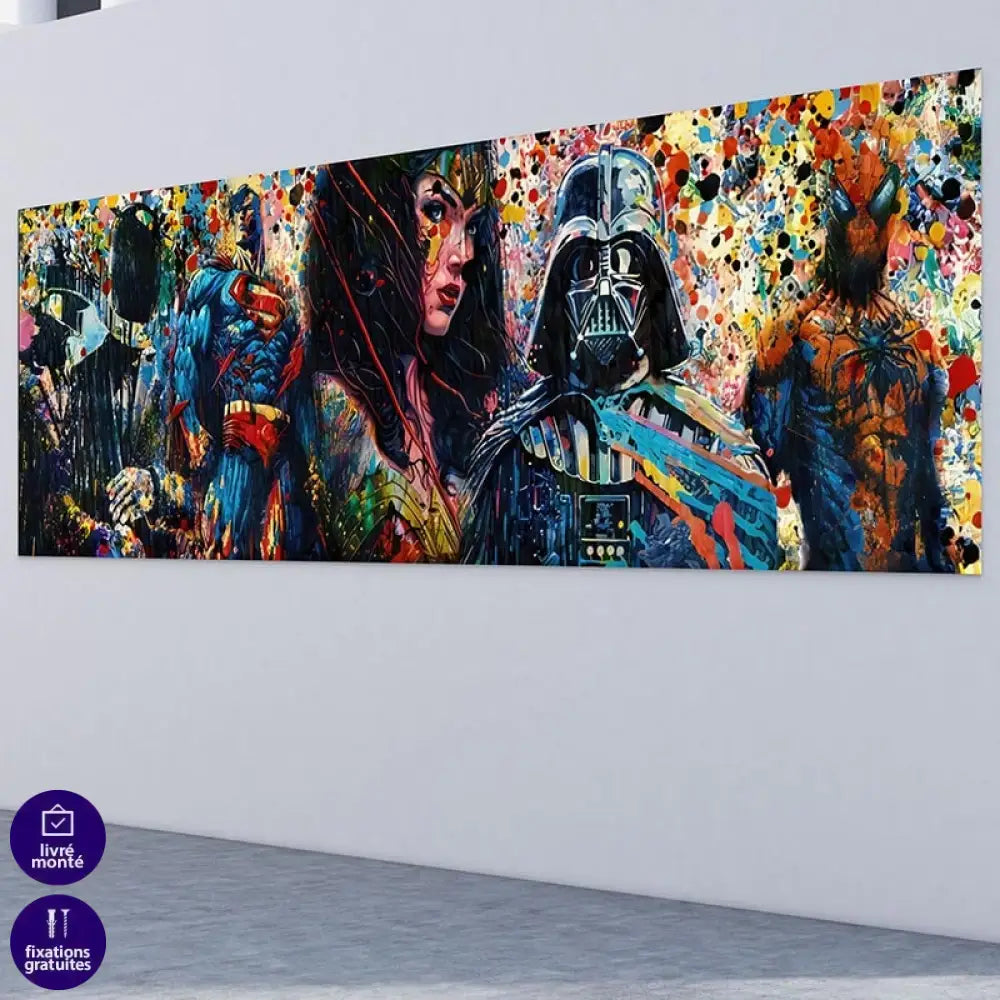 Tableau moderne avec super-héros célèbres sur fond graphique éclaté