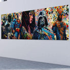 Tableau moderne avec super-héros célèbres sur fond graphique éclaté