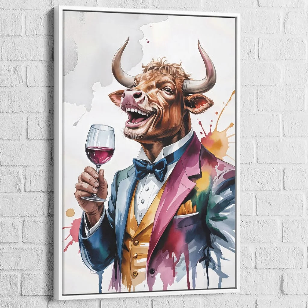 Tableau Taureau Dandy cadre blanc – décoration murale lumineuse