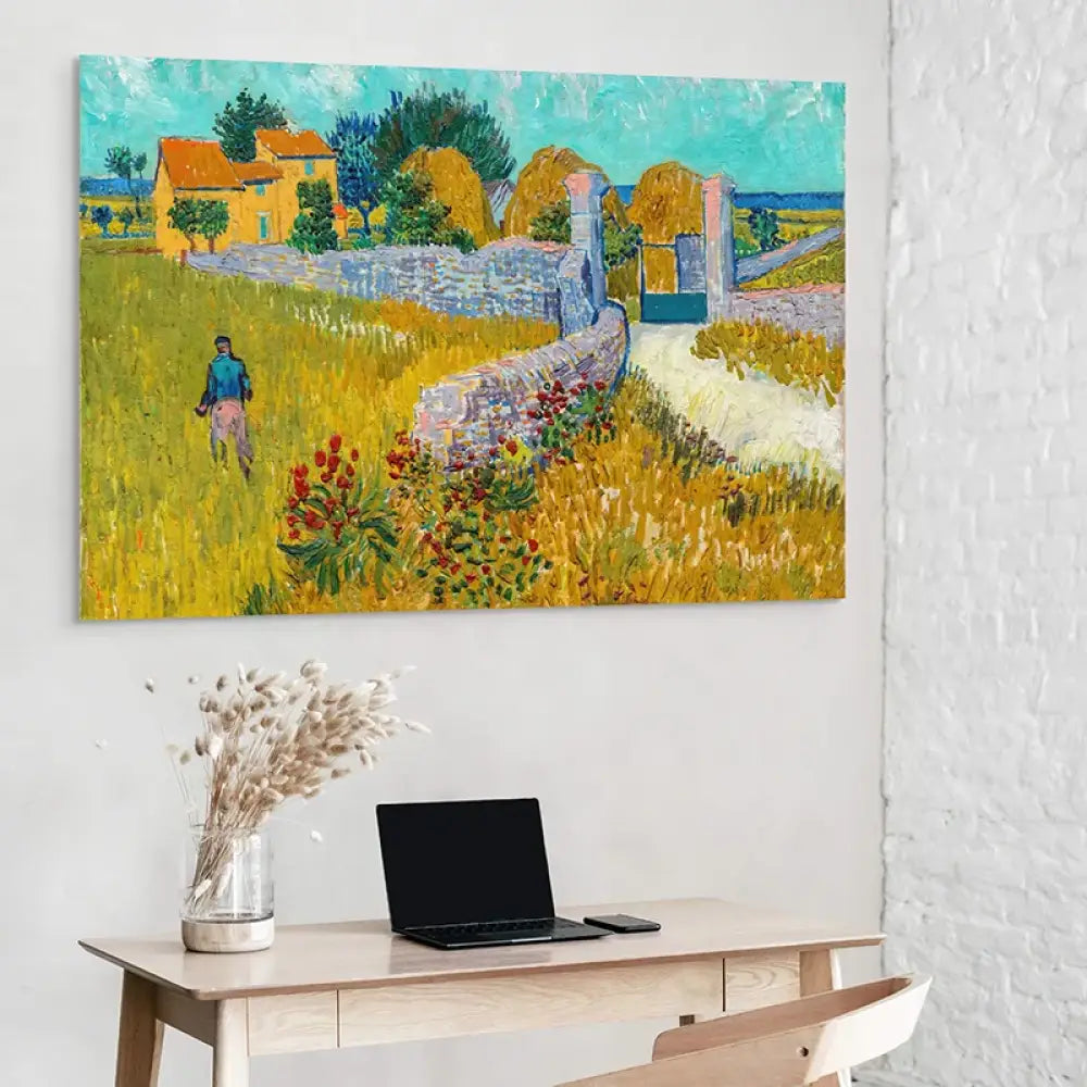 Paysage provençal de Van Gogh, maison ocre et champs dorés sous ciel turquoise