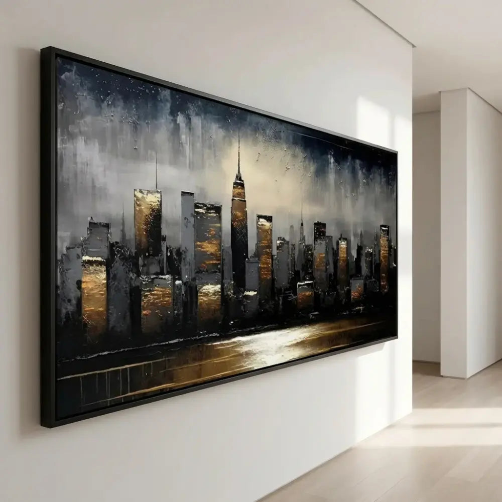 tableau ville nocturne noir et or peinture artistique